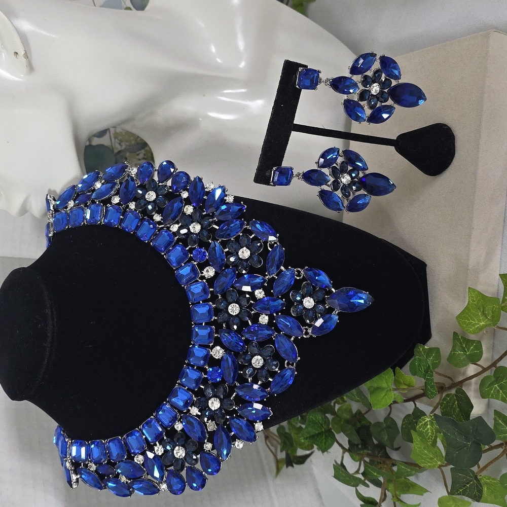 Statement Silver with Blue Crystal Stones Necklace and Matching Earrings Set